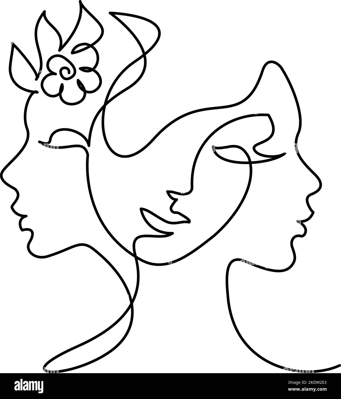 Tre teste di donna con composizione di pianta di fiori Illustrazione Vettoriale