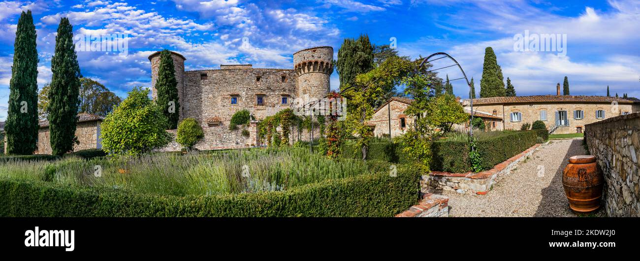 Italia, Toscana paesaggio. Vista panoramica sui vigneti della Toscana - Castello di Meleto in Chianti. Italia, Toscana panorama panor Foto Stock