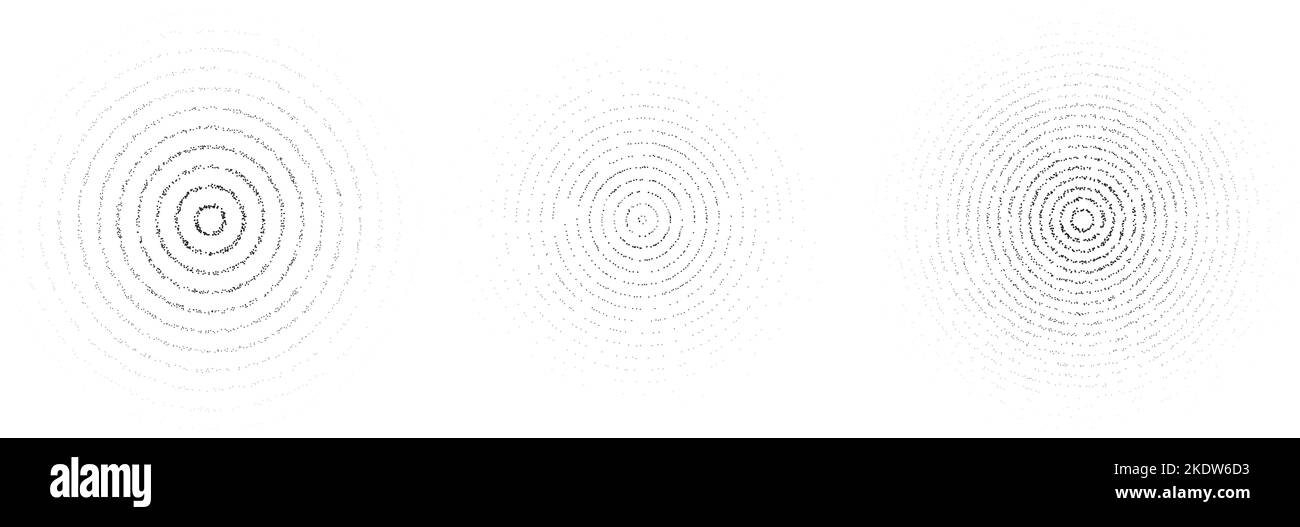 Impostazione di cerchi concentrici sbiaditi. Set di anelli sgranati punteggiati. Epicentro a gradiente puntinato, radar o concetto di bersaglio . Onda sonora con rumore di grana. Vettore Illustrazione Vettoriale