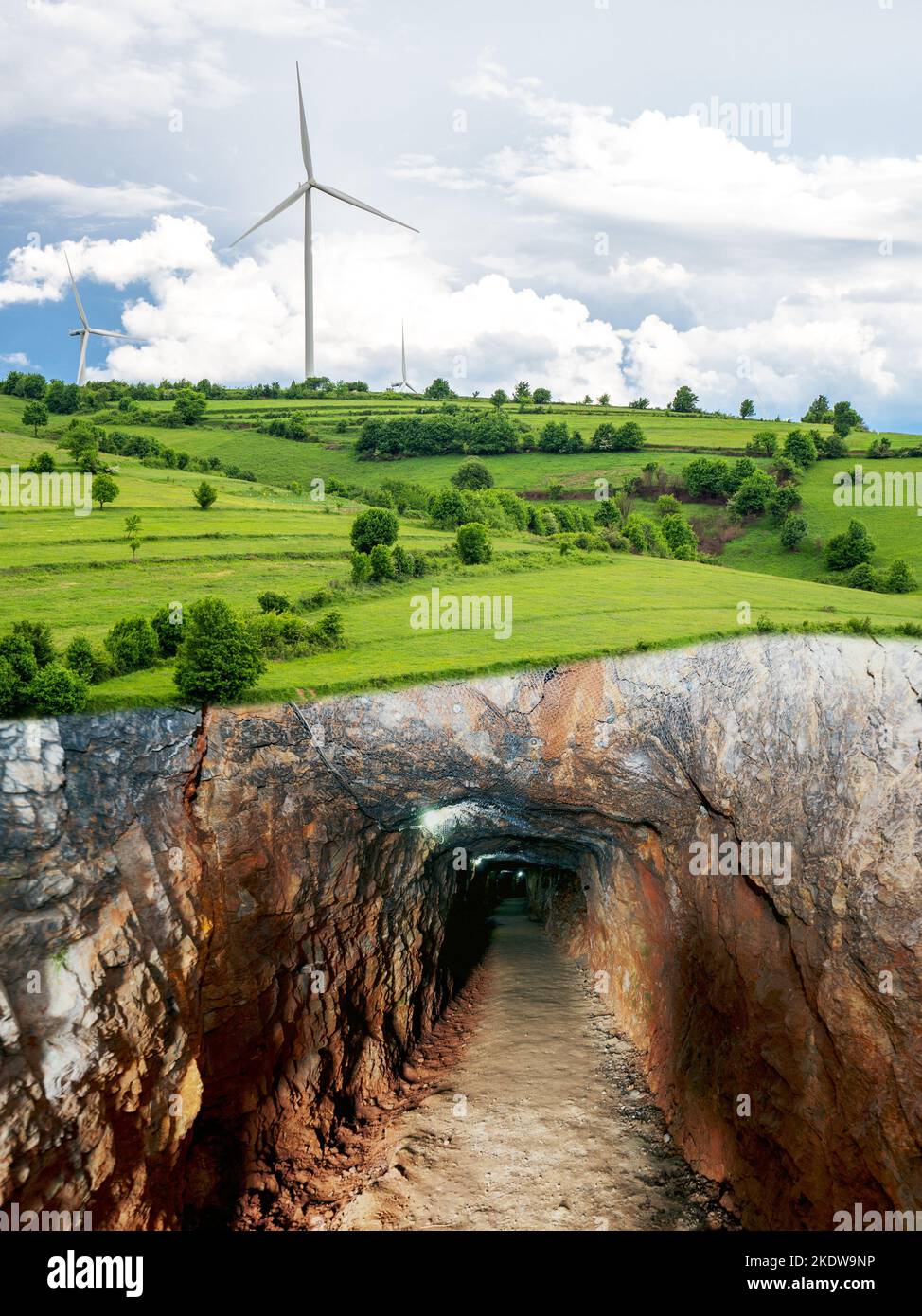 turbine eoliche e miniere di carbone, concetto di transizione energetica Foto Stock