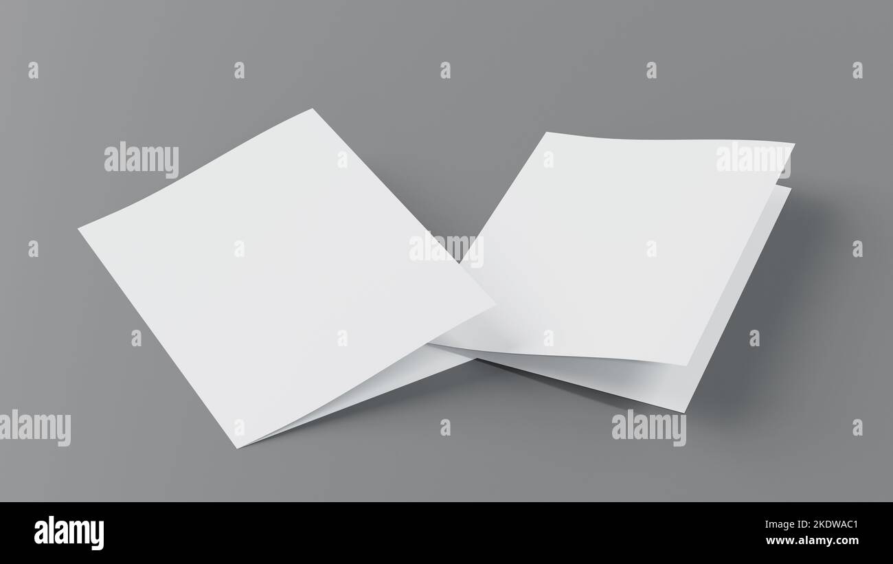 Opuscolo per cartoline formato A4, carta bianca, modello pieghevole a due metà, rendering 3D. Foto Stock