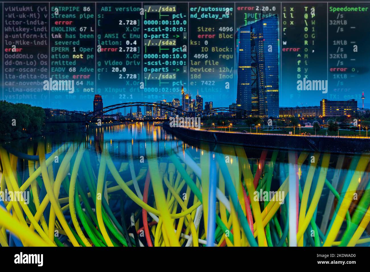Infrastruttura critica per l'immagine simbolica, skyline di Francoforte sul meno, cavo dati, codice hacker, Foto Stock