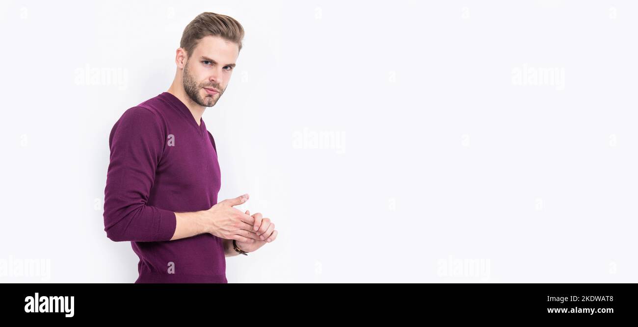 Theres più a stile che vestiti. Uomo elegante isolato su bianco. Stile informale. Moda maschile. Uomo volto ritratto, banner con spazio copia. Foto Stock