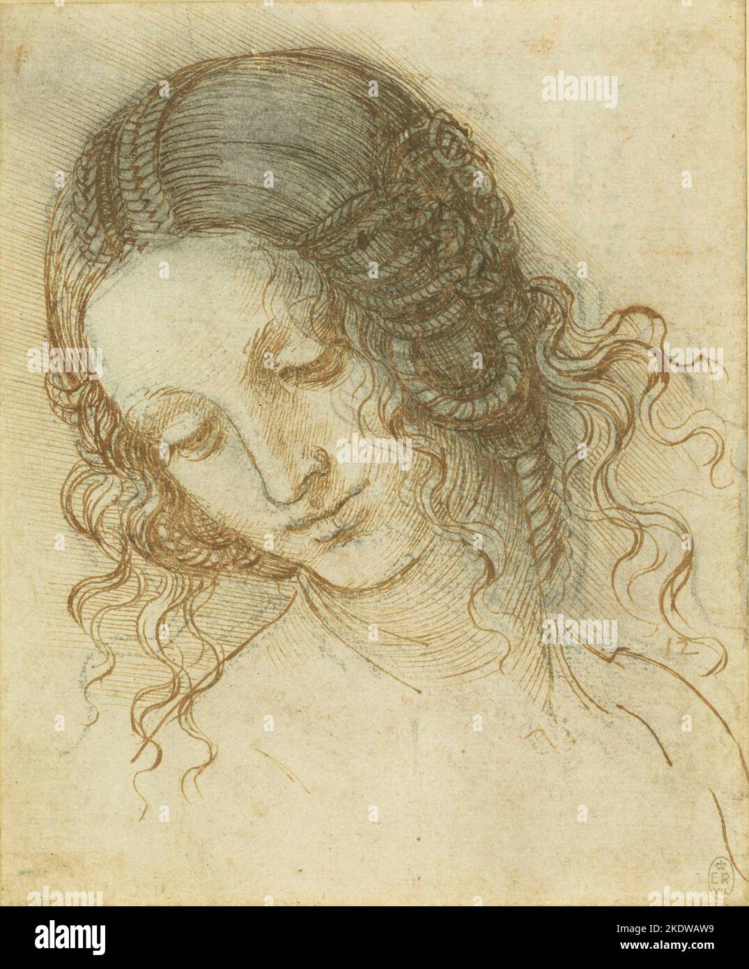 Capo di Leda. Data/periodo: CA.1504 - CA.1506. Disegno. Penna e inchiostro su gesso nero su carta. Altezza: 177 mm (6,96 poll.); larghezza: 147 mm (5,78 poll.). Titolo: La testa di Leda Creatore: Leonardo da Vinci Data: c.1505-5 dimensioni: 17,7 x 14,7 cm (foglio di carta) Media: Gesso nero, penna e inchiostro Ubicazione: Collezione reale Foto Stock