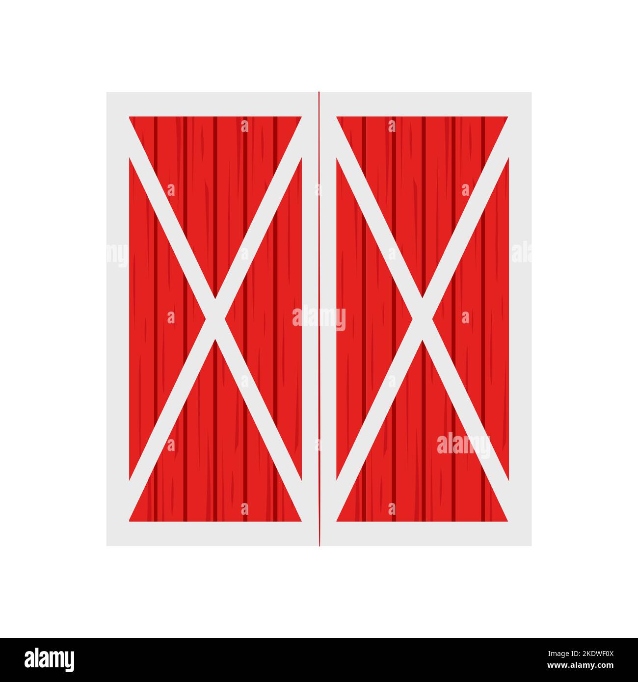 Porta fienile in legno rosso isolata su sfondo bianco. Vista frontale. Elemento di costruzione di magazzino di fattoria. Illustrazione del cartoon vettoriale. Illustrazione Vettoriale