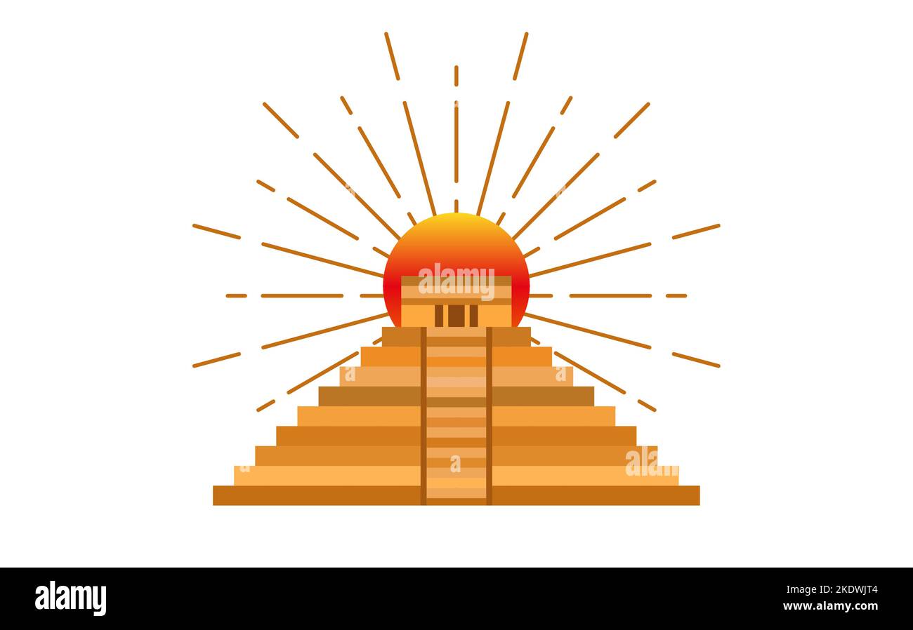Icona della piramide Maya con il sole sacro. Tempio di Kukulcan, El Castillo piramide in Chichen Itza piano design, antica architettura sacra Maya in Yucatan, Illustrazione Vettoriale