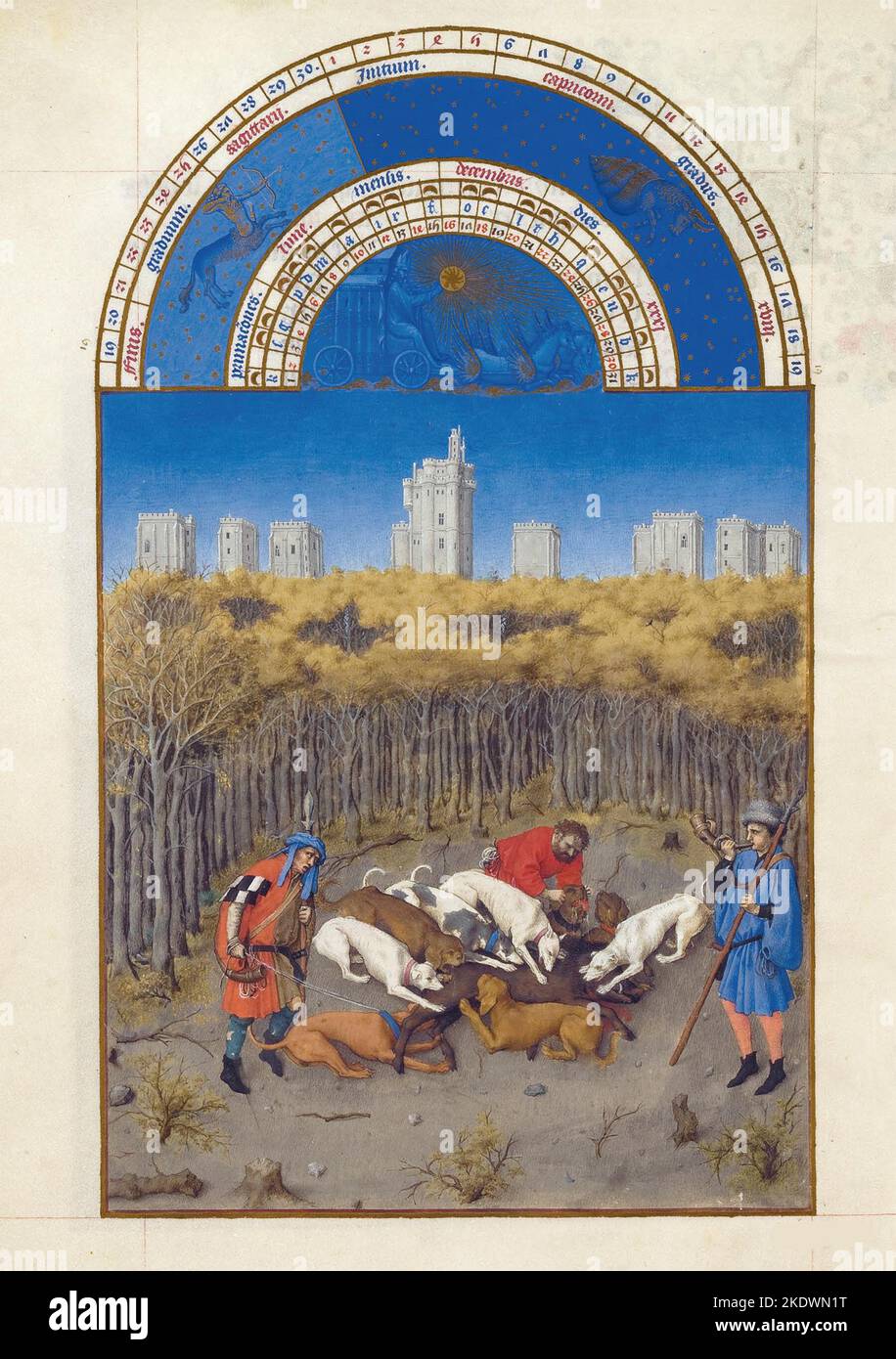 Francia: Caccia cinghiale al Chateau de Vincennes, dicembre nella sezione calendario delle Tres riches Heures du Duc de Berry, tempera su vellum, Limbourg Brothers, c.. 1415 CE la Tres riches Heures du Duc de Berry è il più famoso e forse il migliore esempio di illuminazione manoscritta gotica francese, che mostra la fase tardo gotica internazionale dello stile. È un libro di ore: Una raccolta di preghiere da dire alle ore canoniche. Foto Stock