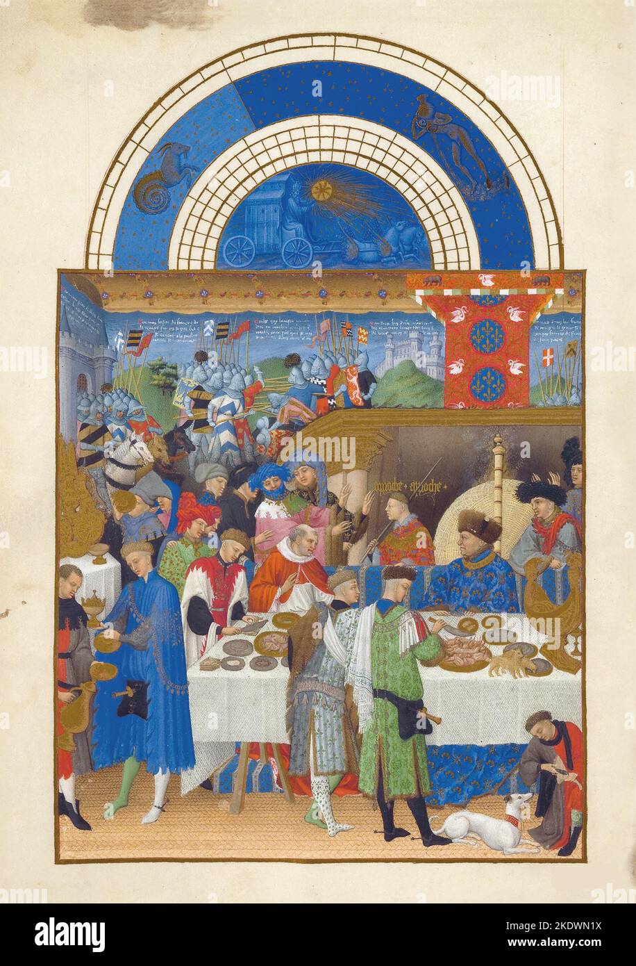 Il Duc de Berry (seduto, a destra), gennaio nella sezione calendario delle Tres riches Heures du Duc de Berry, tempera su vellum, Limbourg Brothers, c.. 1415 CE la Tres riches Heures du Duc de Berry è il più famoso e forse il migliore esempio di illuminazione manoscritta gotica francese, che mostra la fase tardo gotica internazionale dello stile. È un libro di ore: Una raccolta di preghiere da dire alle ore canoniche. Foto Stock