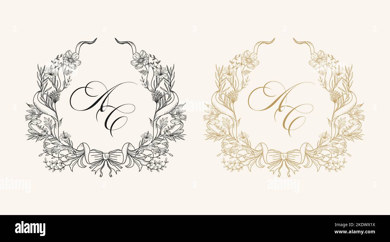 Logo della cresta nuziale, monogramma della cresta nuziale iniziale AC. Logo per matrimoni di lusso, disegno a mano vettore cresta matrimonio personalizzato. Illustrazione Vettoriale