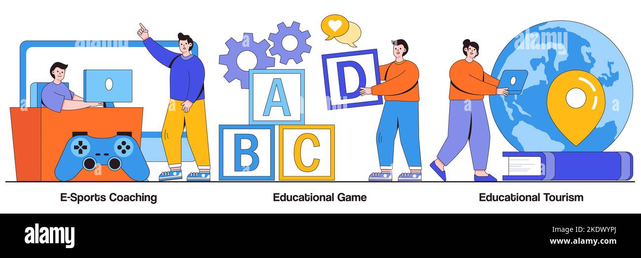 ESports coaching, gioco educativo, concetto di turismo educativo con persone piccole. Allenamento Cyber sport, studio divertente, viaggio in tutto il mondo abstra Illustrazione Vettoriale