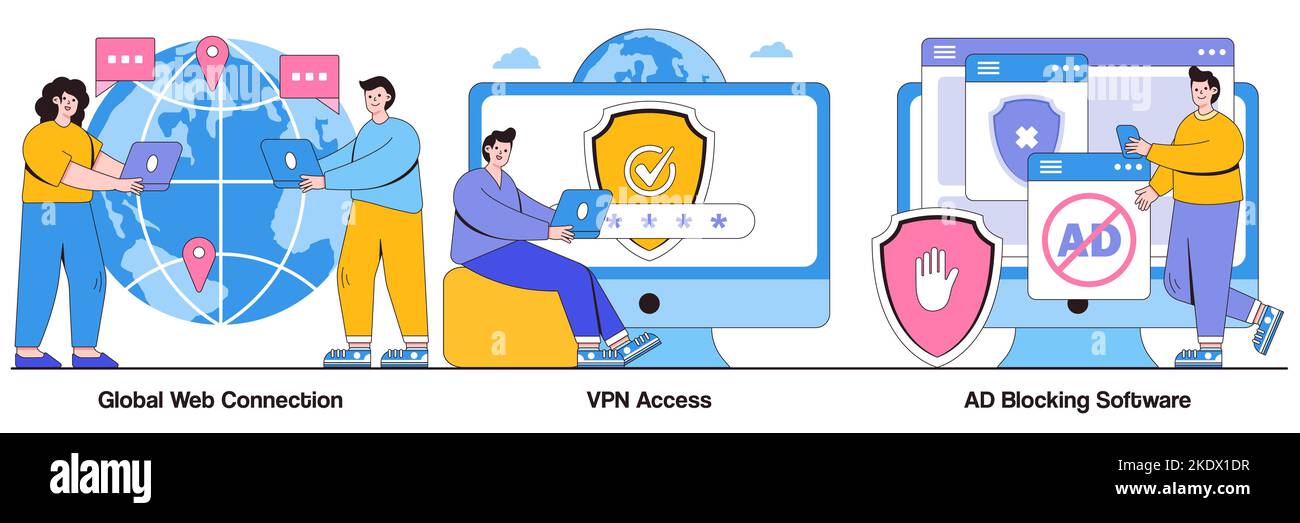 Connessione Web globale, accesso VPN, concetto di software di blocco degli annunci con le persone più piccole. Set di illustrazioni vettoriali per l'accesso alla rete. Server proxy remoto, web bro Illustrazione Vettoriale