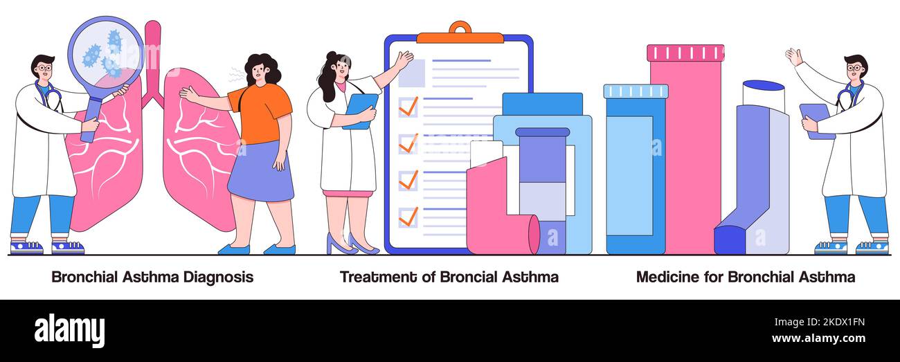 Diagnosi di asma bronchiale, trattamento e concetto di medicina con le persone piccole. Set di illustrazioni vettoriali per malattie respiratorie. Respiro corto, respiro corto Illustrazione Vettoriale