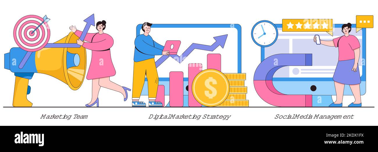 Team di marketing, strategia di marketing digitale, concetto di gestione dei social media con le persone più piccole. SMM, informazioni sul marchio, sviluppo della strategia della campagna, onlin Illustrazione Vettoriale