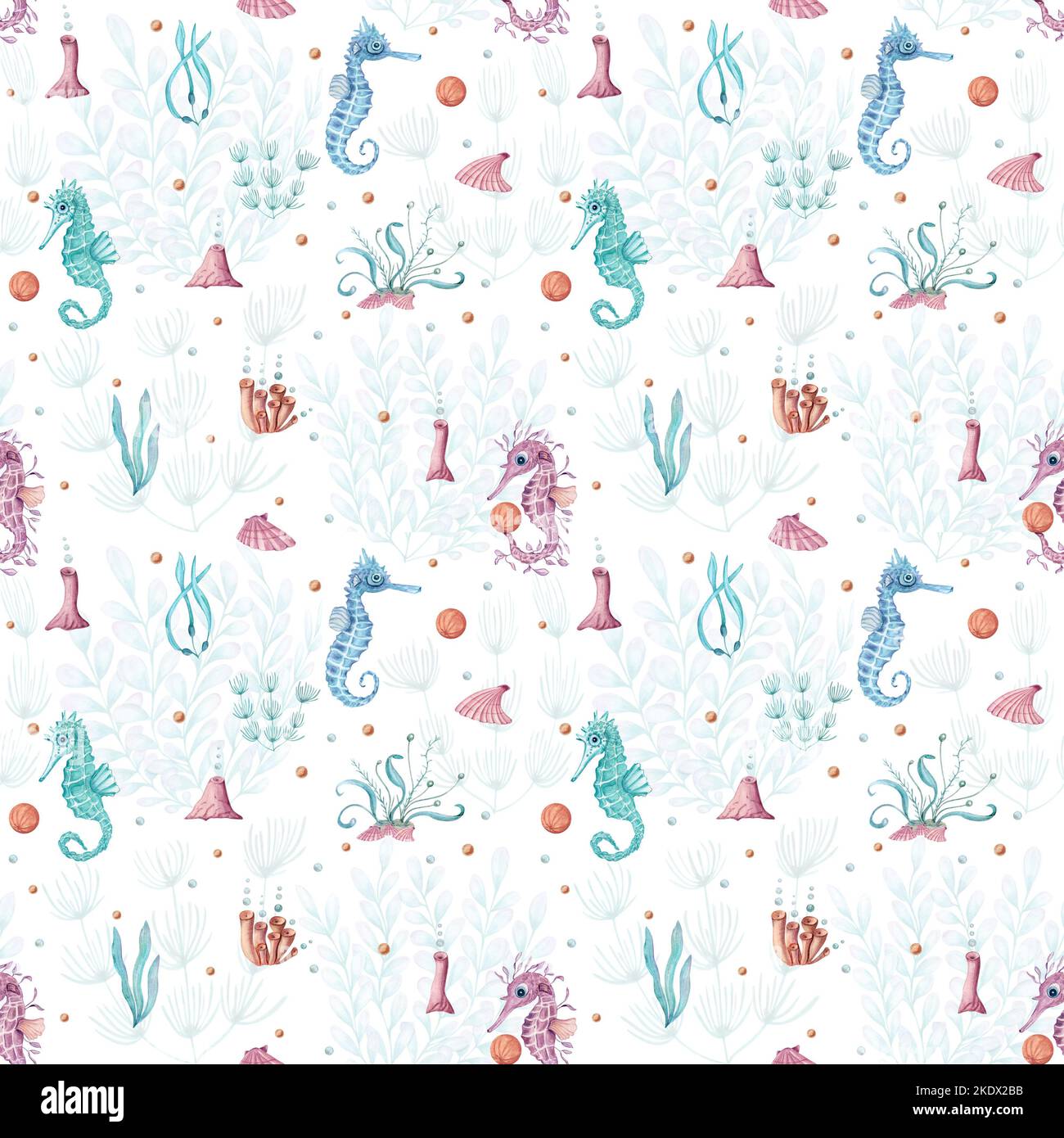 Acquerello sott'acqua senza cuciture modello di cavalluccio marino, laminaria, corallo, pianta isolata su sfondo bianco. Illustrazione acquatica Foto Stock