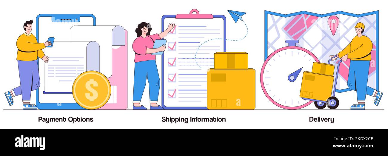 Opzioni di pagamento, informazioni di spedizione, concetto di consegna con carattere di persone. Set di illustrazioni vettoriali per l'elaborazione degli ordini del sito Web di e-commerce. Shopping c Illustrazione Vettoriale