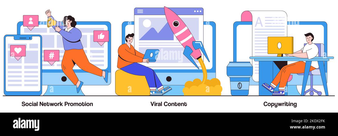 Promozione della rete sociale, contenuto virale, concetto di copywriting con carattere della gente. Tipi di marketing digitale set di illustrazioni vettoriali astratte. SMM, inf Illustrazione Vettoriale