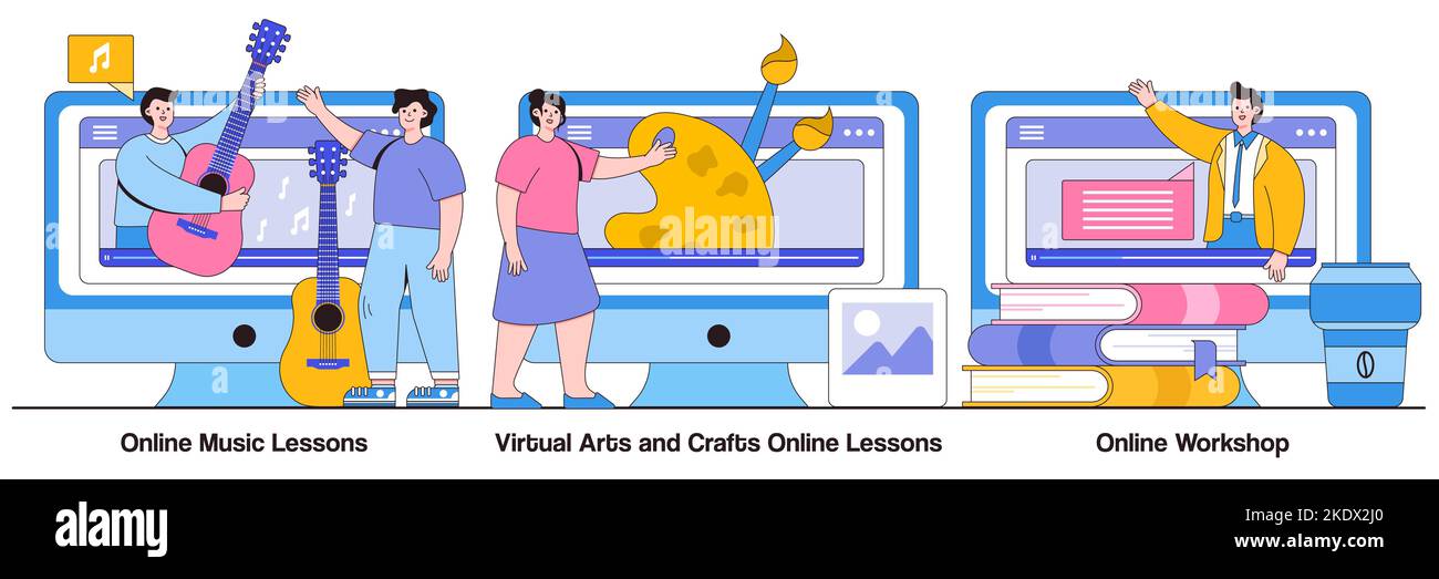 Lezioni online di musica, lezioni online di arti e mestieri virtuali, workshop online con personaggi. Formazione online mentre auto-isolamento vec Illustrazione Vettoriale Lezioni online di musica, lezioni online di arti e mestieri virtuali, workshop online con personaggi. Formazione online mentre auto-isolamento vec Illustrazione Vettoriale