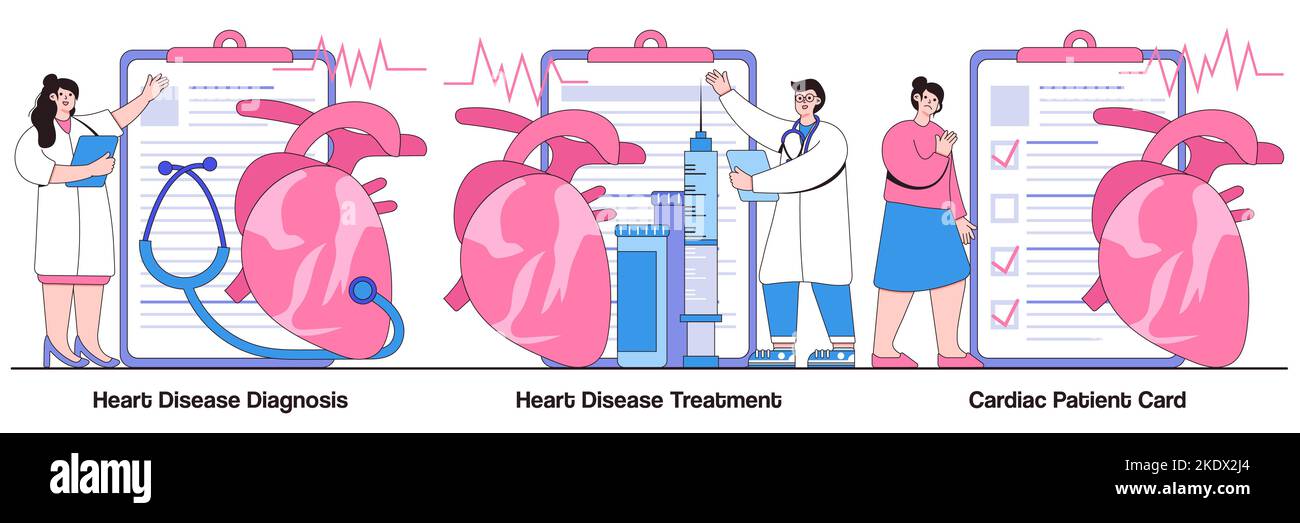 Diagnosi e trattamento delle malattie cardiache, concetto di scheda del paziente cardiaco con carattere delle persone. Set di illustrazioni vettoriali per malattie cardiovascolari. Battito cardiaco Illustrazione Vettoriale