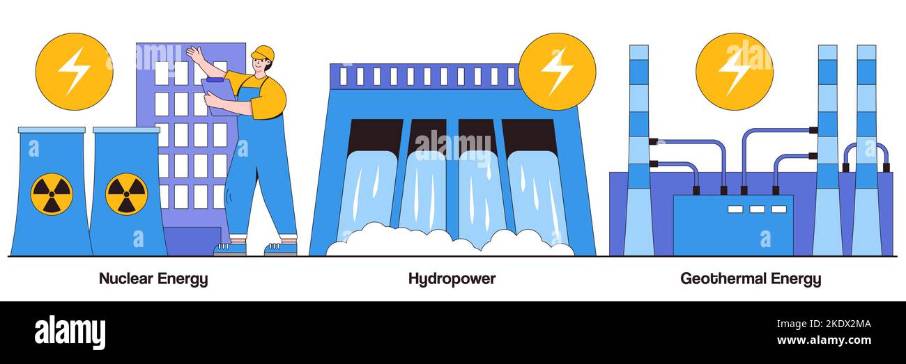 Centrale nucleare, idroelettrica, concetto di energia geotermica con carattere popolare. Set di illustrazioni vettoriali astratte delle fonti di energia. Genera electricit Illustrazione Vettoriale