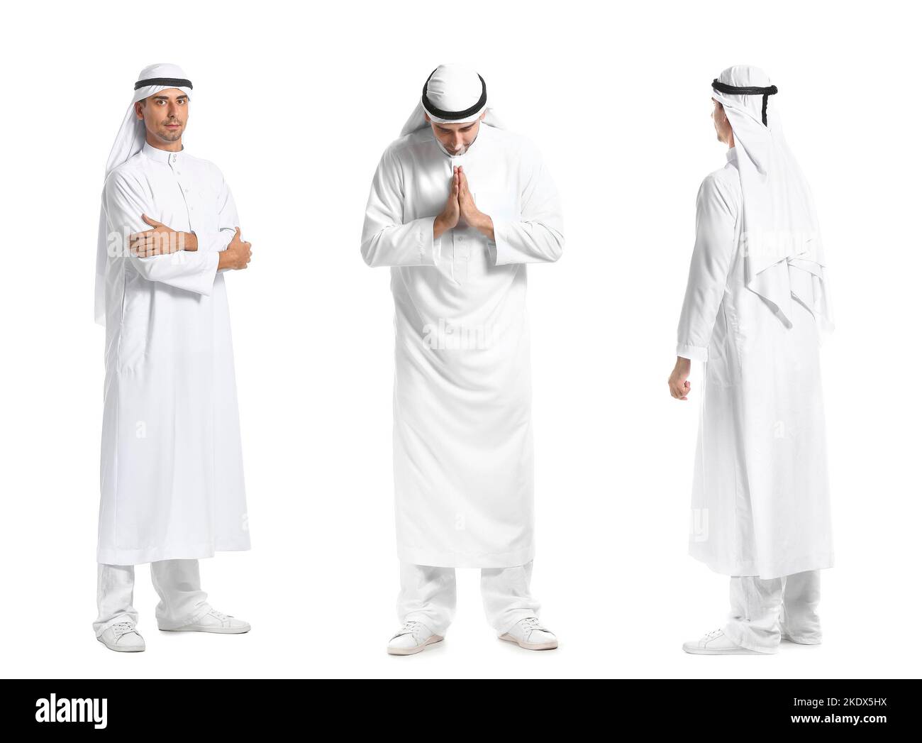 Collage di bell'uomo arabo su sfondo bianco Foto Stock