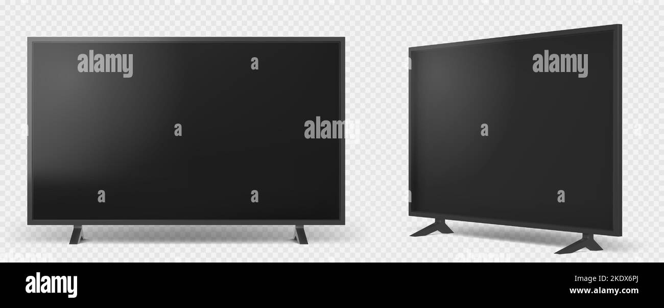 Televisore realistico isolato su sfondo trasparente. Televisore a schermo piatto con schermo nero. Pannello lcd moderno ed elegante, ampio display vuoto mockup. Elemento grafico per catalogo, illustrazione vettoriale Illustrazione Vettoriale