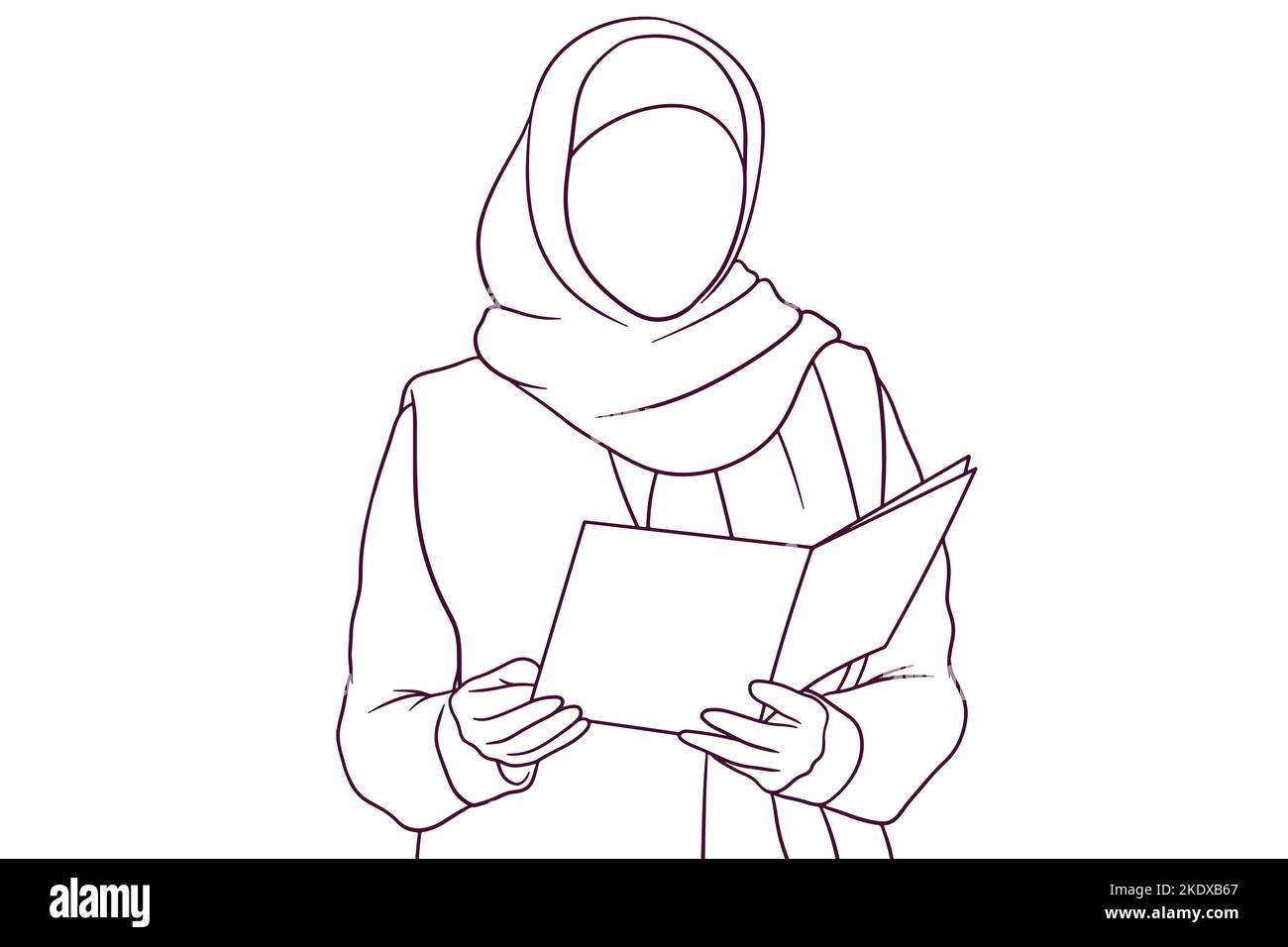 donna d'affari musulmana che tiene un libro. concetto di affari. illustrazione del vettore di stile disegnata a mano Illustrazione Vettoriale