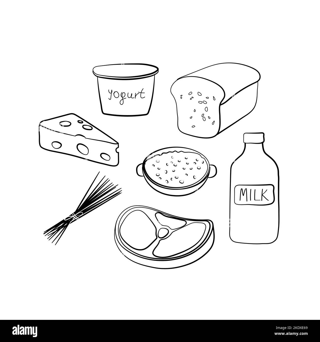 Set di icone per il cibo. Cartello con la scritta Daily Food ITEMS. Illustrazione disegnata a mano con cartoni animati vettoriali Illustrazione Vettoriale