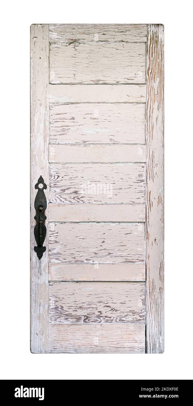 Porta bianca, in legno, afflitta. Stile rustico. Isolato su sfondo bianco. Foto Stock