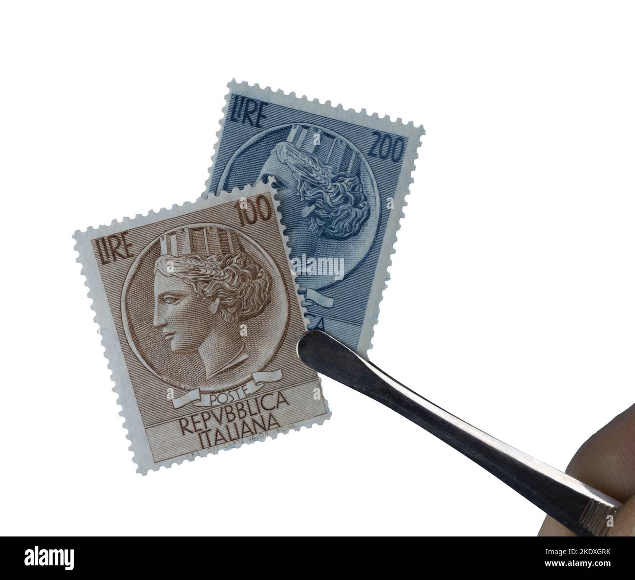 due vecchi francobolli italiani su sfondo trasparente Foto Stock