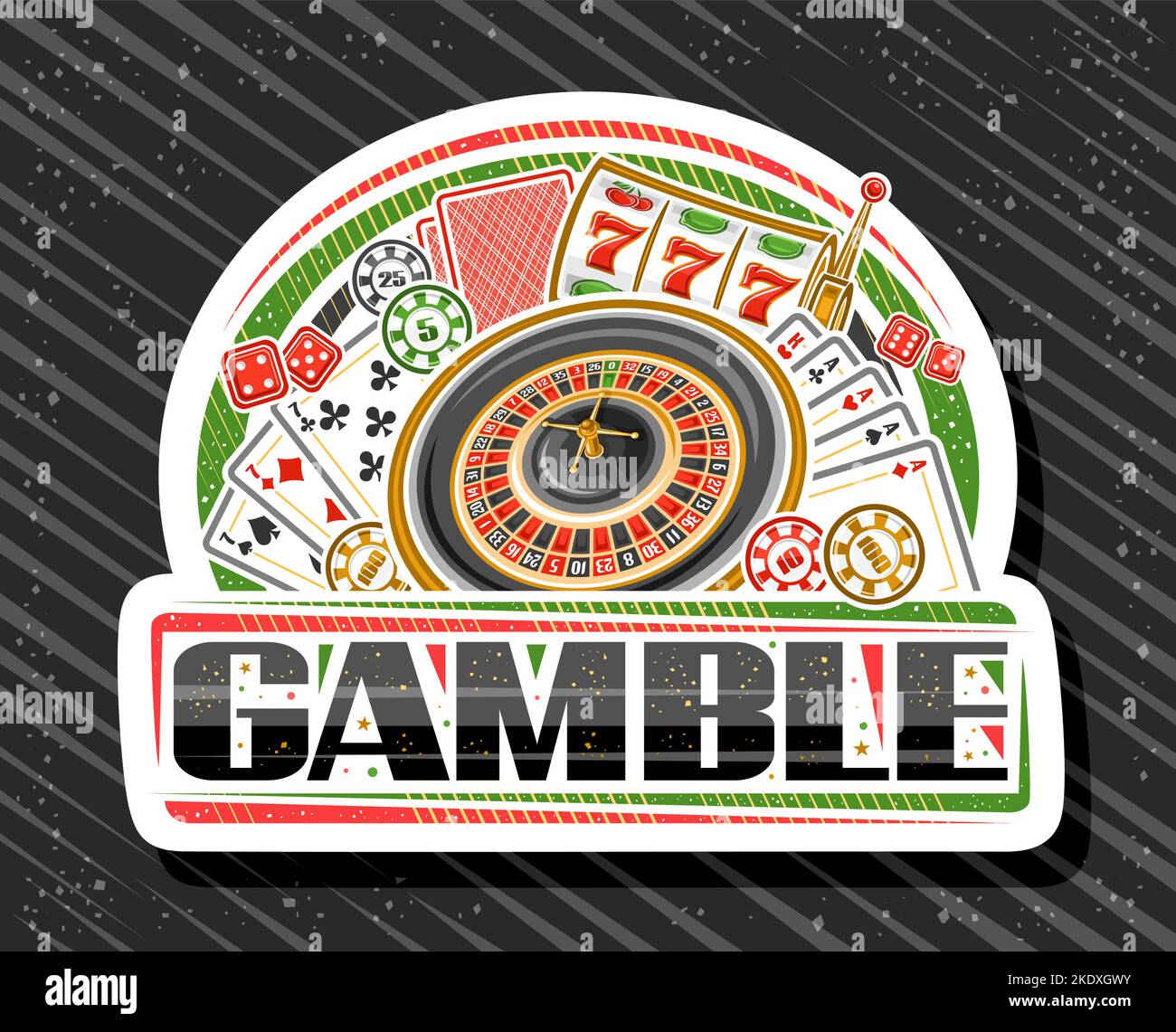 Logo vettoriale per Gamble, cartello bianco per casinò con illustrazione della ruota della roulette europea, monete colorate da casinò, poker quattro di un genere, gamb rosso Illustrazione Vettoriale