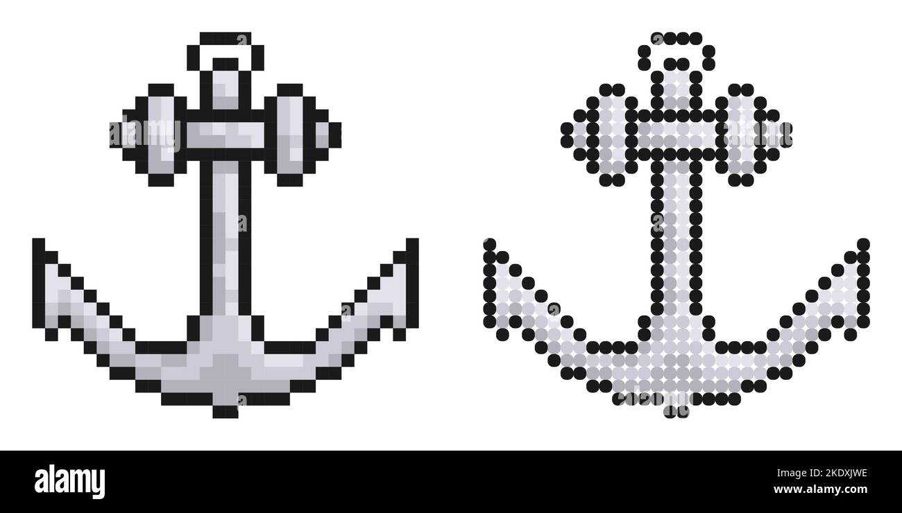 Icona pixel. Ancorante per nave. Ancoraggio sicuro delle navi in porto. Semplice vettore di gioco retrò isolato su sfondo bianco Illustrazione Vettoriale