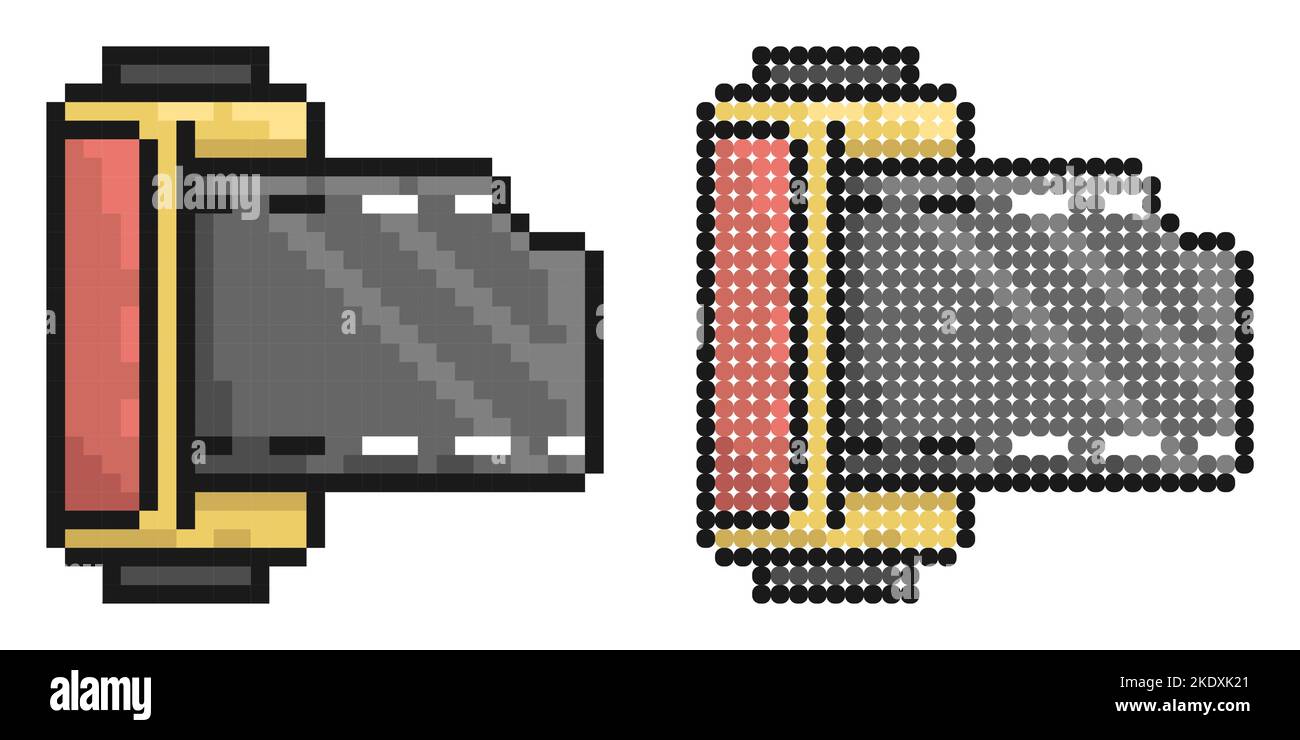 Icona pixel. Cilindro con vecchia pellicola fotografica da 35 mm. Giornata mondiale della fotografia 19th agosto. Semplice vettore di gioco retrò isolato su sfondo bianco Illustrazione Vettoriale