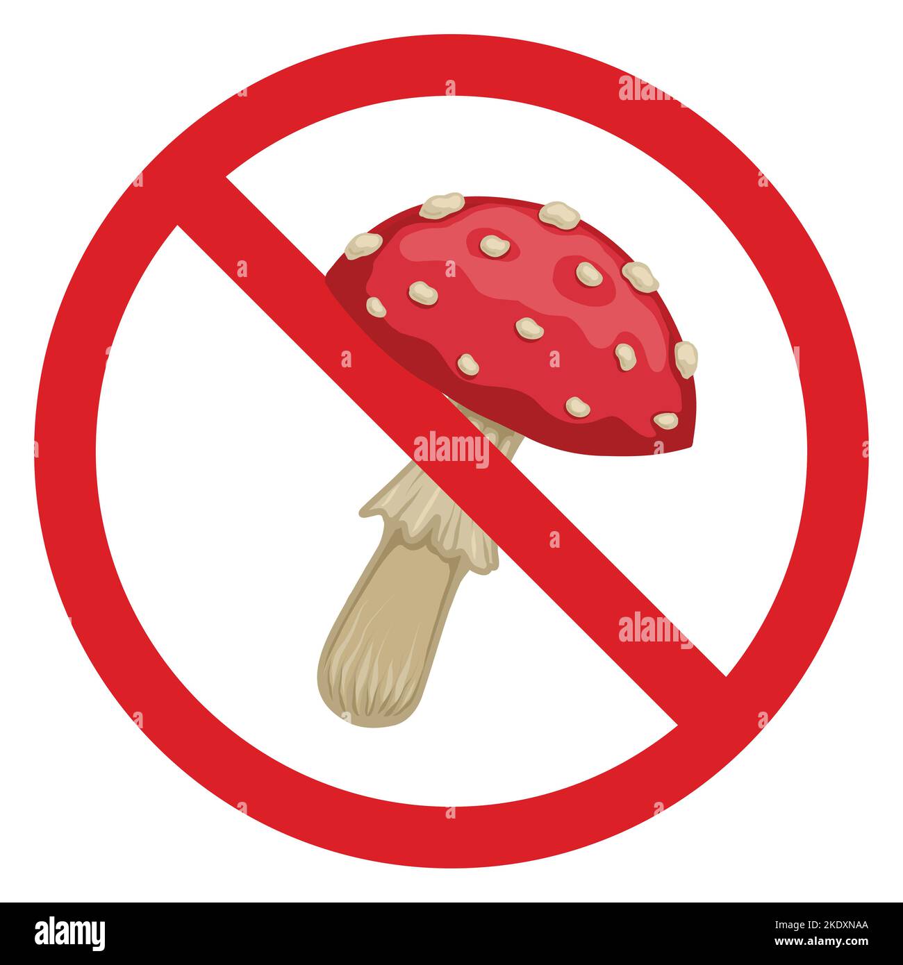 Volare agarico nel cartello di divieto. Segno di divieto vettoriale con fungo velenoso. Non mangiare o raccogliere funghi. Pericolo di avvelenamento. Illustrazione Vettoriale