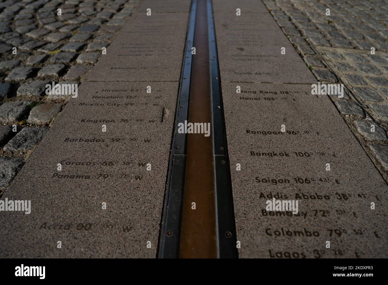 Dall'alto meridiano di Greenwich situato sulla strada acciottolata vicino al Royal Observatory sulla strada di Londra, Regno Unito Foto Stock