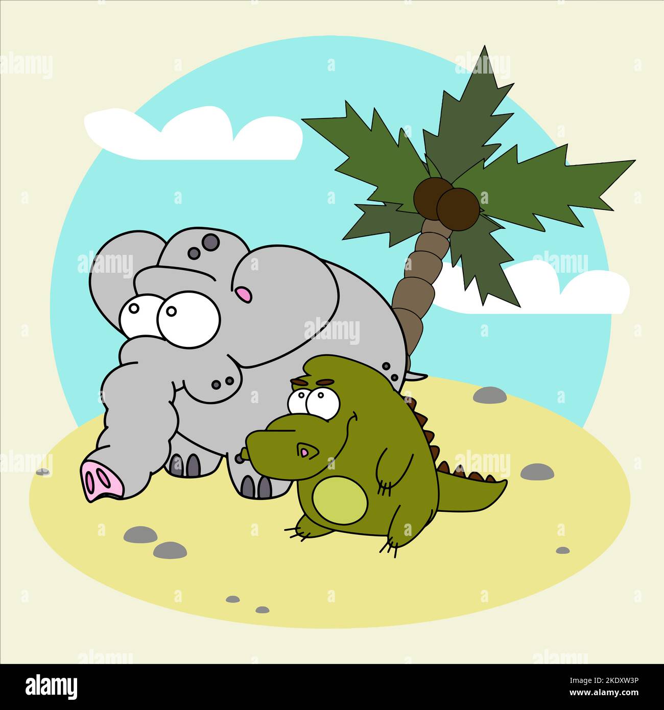 Elefante africano e coccodrillo seduti sull'isola Illustrazione Vettoriale