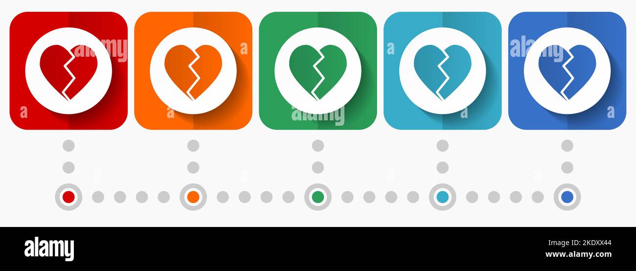 Icone vettoriali a cuore spezzato, modello infografico, set di simboli di design piatti in 5 opzioni di colore Illustrazione Vettoriale