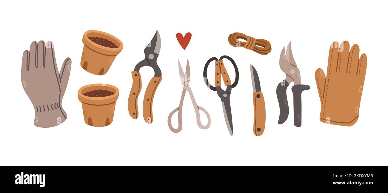 Set di attrezzi da giardinaggio isolato su bianco. Fascio di attrezzatura per piante domestiche. Illustrazione vettoriale del cartone animato piatto. Illustrazione Vettoriale