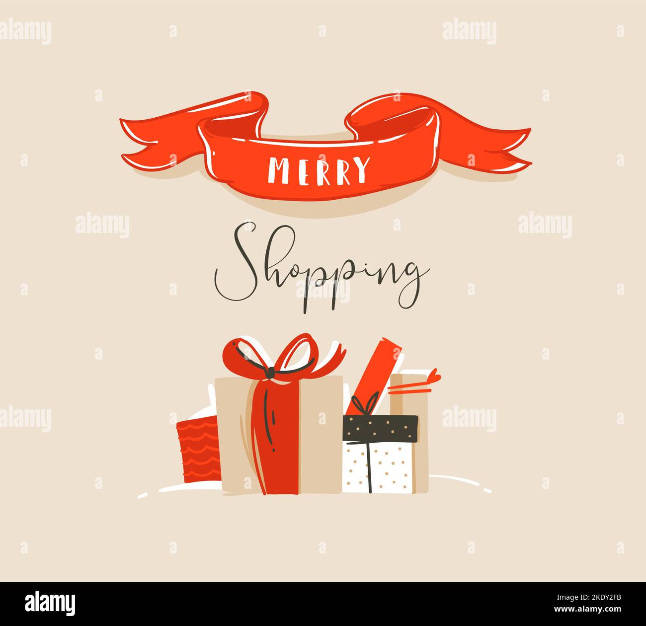 Mano disegnata vettore astratto divertimento Merry Natale tempo cartoon illustrazione scheda con Natale sorpresa scatole regalo e tipografia moderna citazione sposare Illustrazione Vettoriale