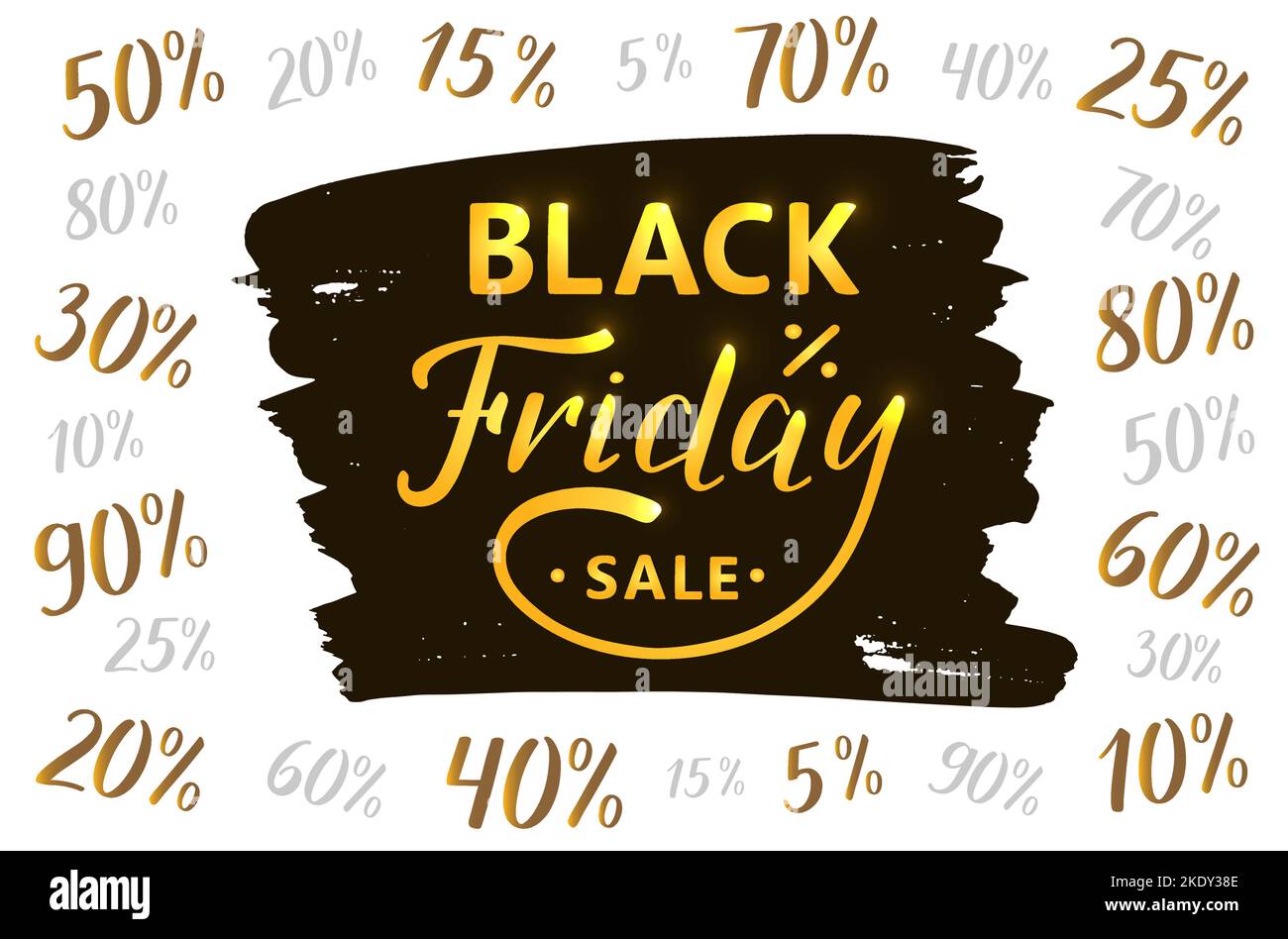 Black Friday scritta a mano moderna calligrafia a pennello. I numeri e le percentuali sono disegnati a mano. Concetto di logo vettoriale di vendita. Nero e dorato. Illustrazione Vettoriale