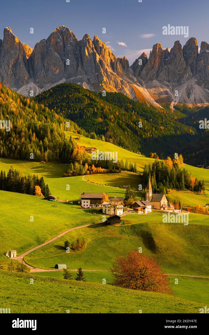 Un'immagine verticale di un tramonto autunnale nella famosa chiesa e villaggio di Santa Maddalena di fronte alle vette delle Dolomiti di Geisler o Odle Foto Stock