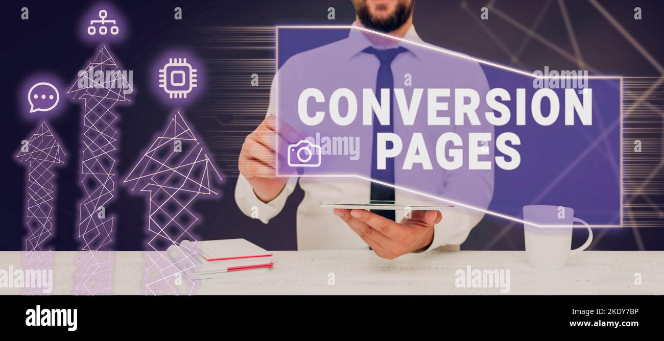 Scrittura visualizzando le pagine di conversione del testo, concetto di affari compare in risposta a scattarsi su un Search Engine Foto Stock