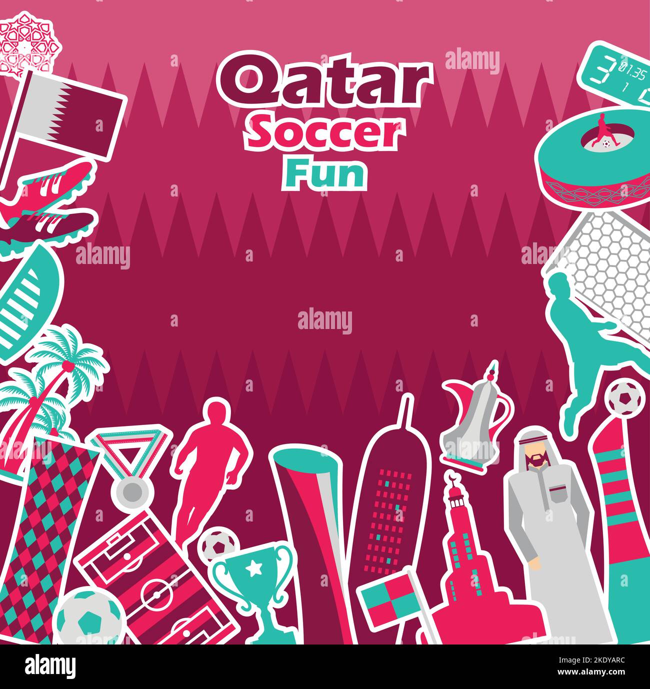 Competizione sportiva di calcio, Qatar icona set turistico. Doha sfondo a colori bandiera nazionale. Giornata nazionale. Calcio mediorientale. Illustrazione Vettoriale