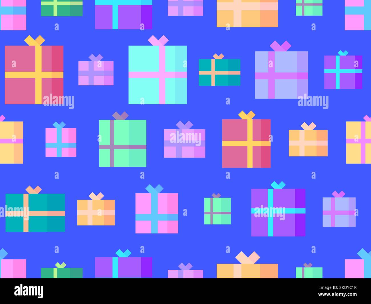 Confezione regalo modello senza cuciture. Scatole regalo di Natale in stile piatto. Xmas presenta il design per biglietti d'auguri, carta da imballaggio, striscioni e compagno promozionale Illustrazione Vettoriale