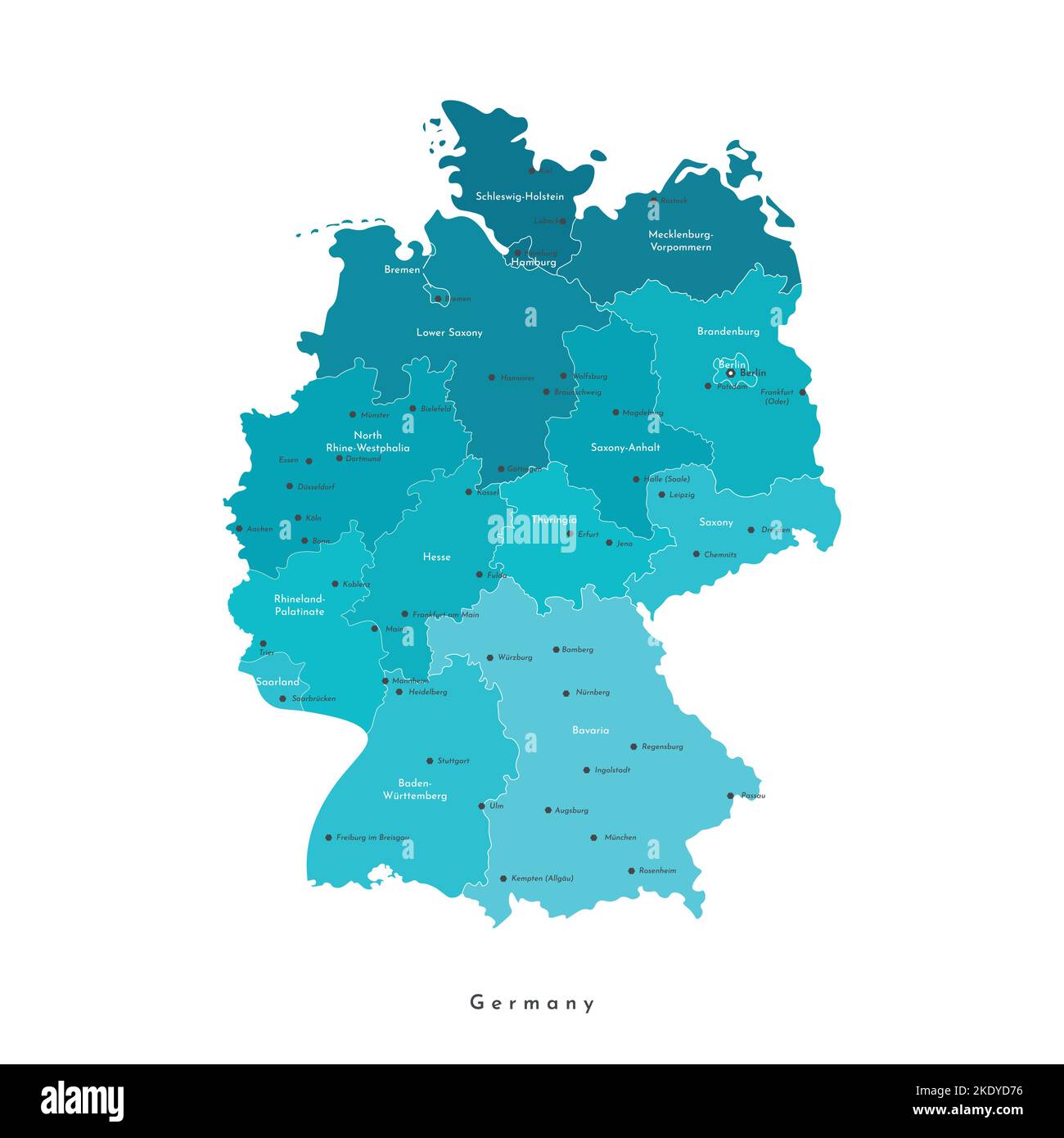 Illustrazione con isolamento vettoriale. Mappa amministrativa semplificata della Germania. Forme blu delle regioni. Nomi delle città e delle province deutsch. Backgroun bianco Illustrazione Vettoriale