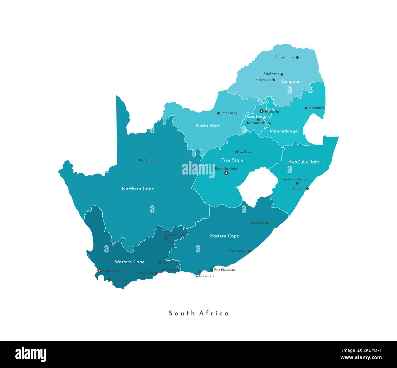 Illustrazione con isolamento vettoriale. Carta amministrativa semplificata della Repubblica sudafricana. Forme blu delle regioni. Nomi delle città e delle province. WH Illustrazione Vettoriale