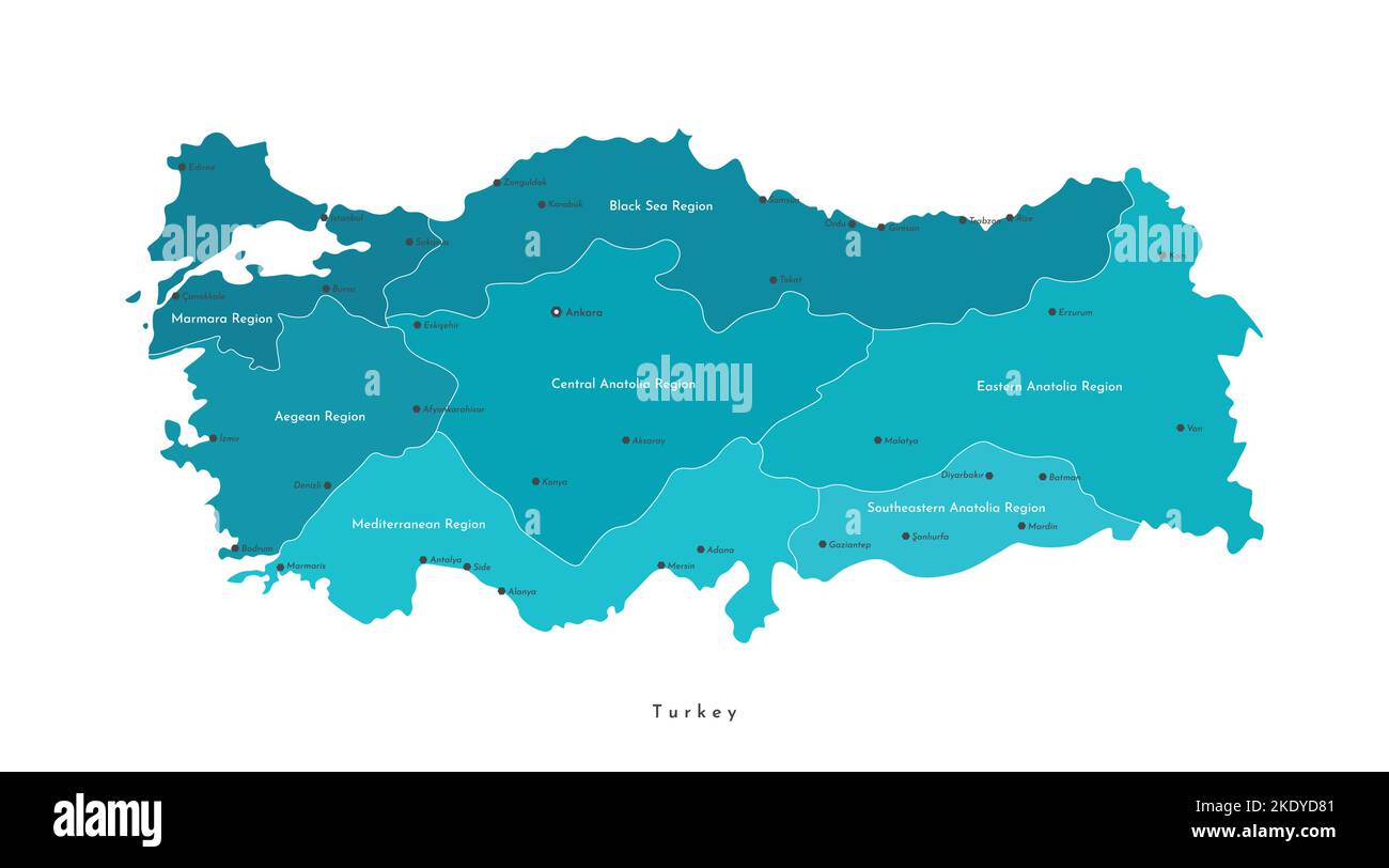 Illustrazione colorata con isolamento vettoriale. Mappa geografica amministrativa semplificata della Turchia. Nomi delle città e della regione turche. Sfondo bianco. Illustrazione Vettoriale