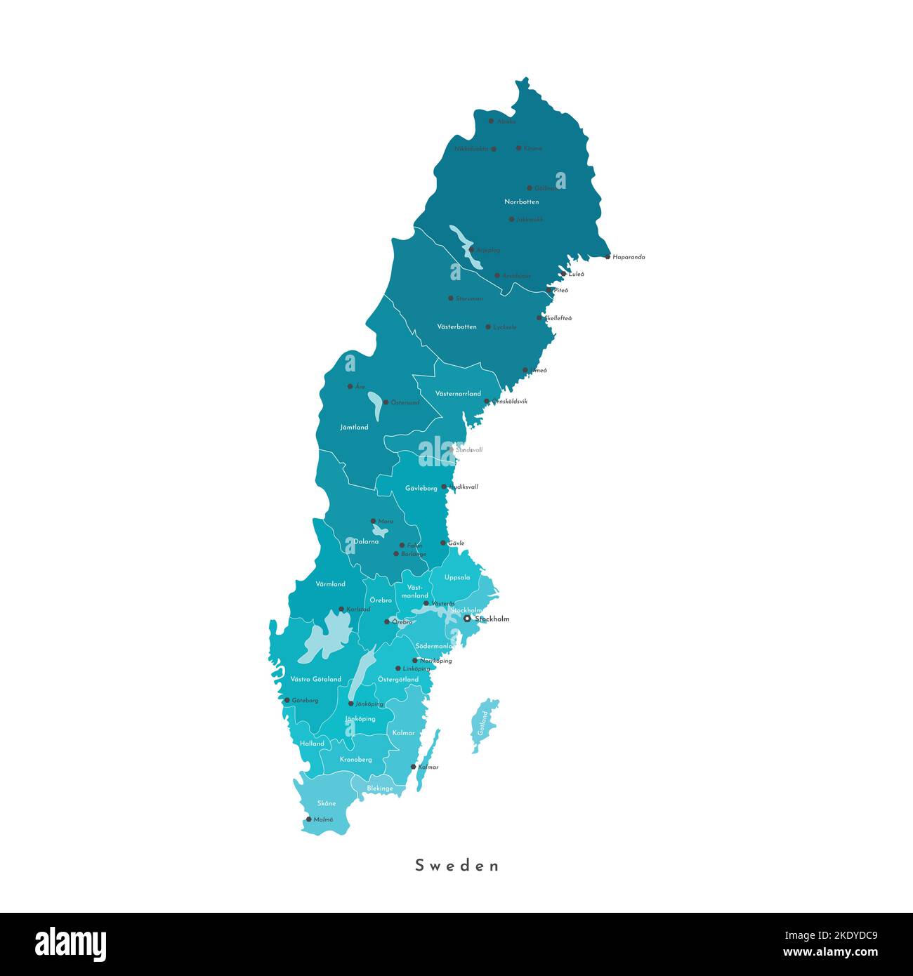 Illustrazione con isolamento vettoriale. Mappa amministrativa semplificata della Svezia. Forme blu delle regioni. Nomi delle città svedesi (Malmö, Gothenburg) e provincia Illustrazione Vettoriale