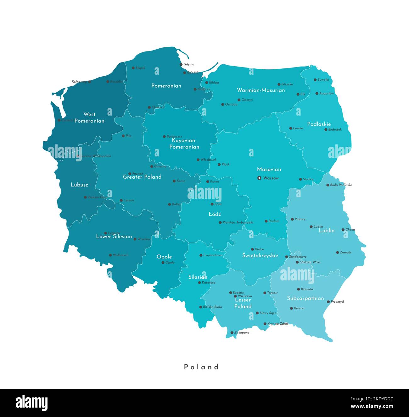 Illustrazione con isolamento vettoriale. Carta amministrativa semplificata della Polonia (in blu) . Nomi delle città e delle province polacche. Sfondo bianco Illustrazione Vettoriale