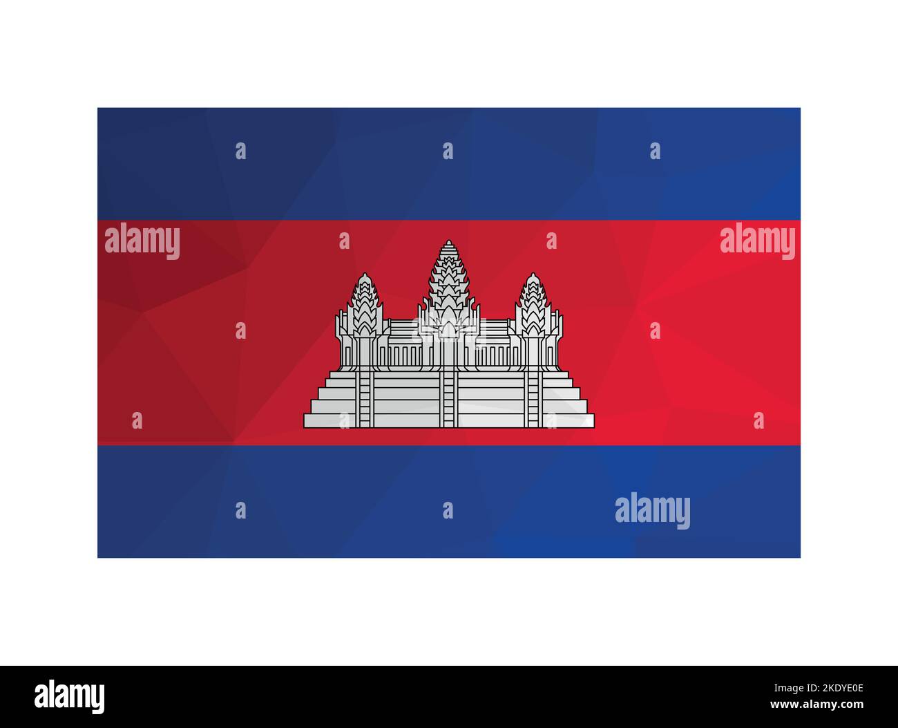 Illustrazione vettoriale. Firma ufficiale della Cambogia. Bandiera nazionale di colore rosso, blu con tempio bianco complesso Angkor Wat. Design creativo in poligonale Illustrazione Vettoriale