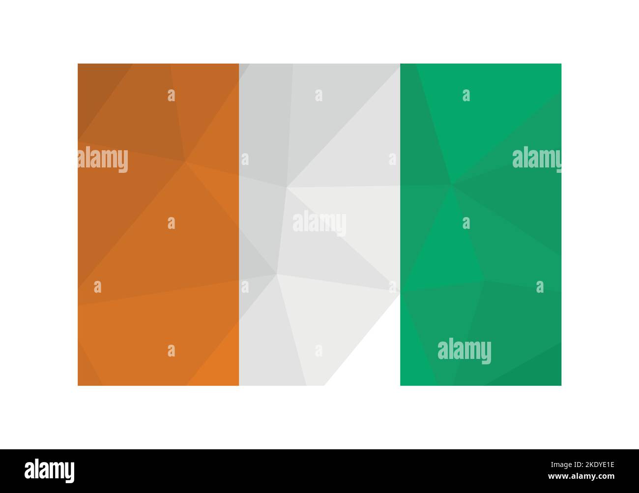 Illustrazione vettoriale. Simbolo ufficiale della Costa d'Avorio. Bandiera nazionale Cote D'ivore nei colori arancione, bianco, verde. Design creativo in stile poly basso con Illustrazione Vettoriale